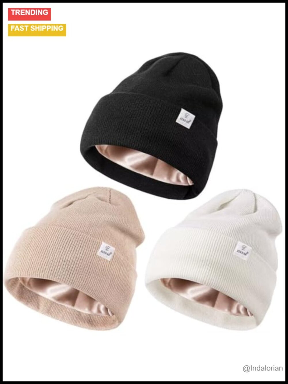 3 Pack Satin Lined Winter Beanie Hats Acrylic Knit Cuffed Unisex